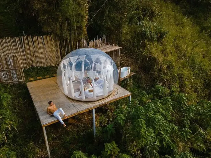 Framed Print : Bubble dome tent glamping in the mountains of Chiang Mai Thailand Framed Print : Bubble dome tent glamping in the mountains of Chiang Mai Thailand