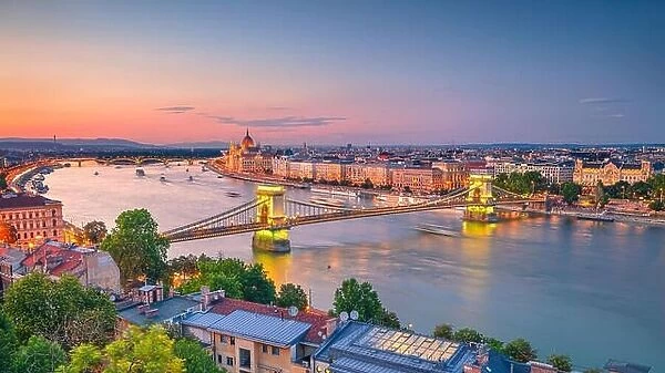 Budapest, Hungary. Aerial cityscape image of Budapest panorama with Chain Bridge and parliament building during summer sunset