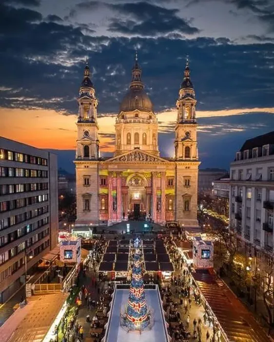 Framed Print : Budapest, Hungary - Aerial drone view of Europe's most beautiful Christmas market with the illuminated St Framed Print : Budapest, Hungary - Aerial drone view of Europe's most beautiful Christmas market with the illuminated St