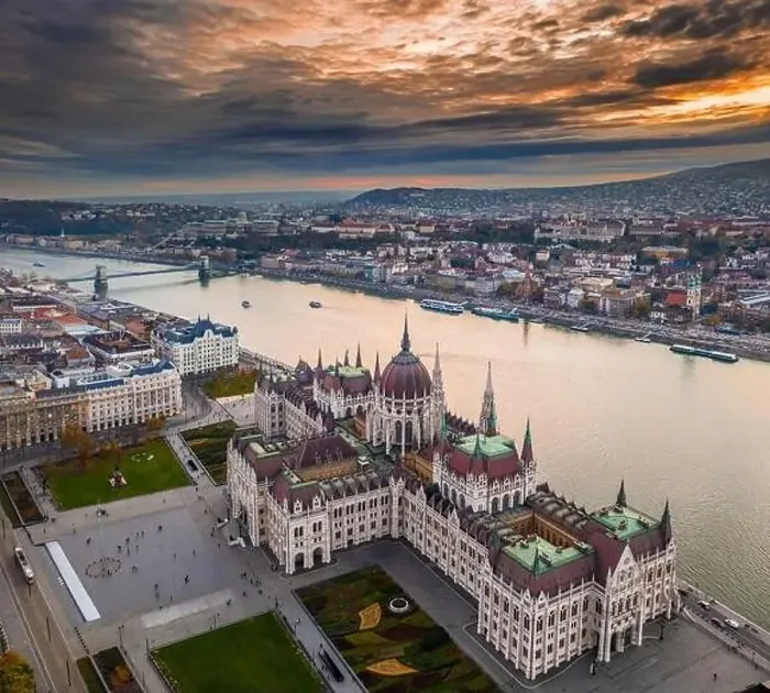 Framed Print : Budapest, Hungary - Aerial panoramic drone view of the Hungarian Parliament building on a november afternoon with an Framed Print : Budapest, Hungary - Aerial panoramic drone view of the Hungarian Parliament building on a november afternoon with an