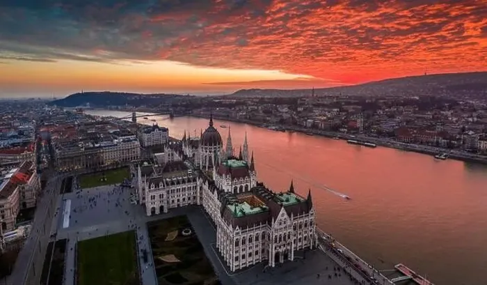 Framed Print : Budapest, Hungary - Aerial panoramic drone view of the Hungarian Parliament building on a winter afternoon with an Framed Print : Budapest, Hungary - Aerial panoramic drone view of the Hungarian Parliament building on a winter afternoon with an