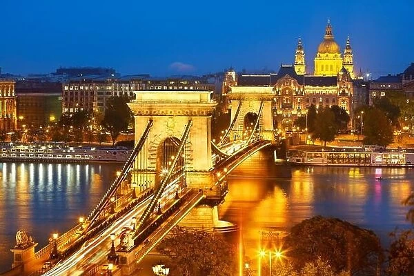Budapest - View at Hungarian Chain Bridge and St Stephen Basilica at night, Budapest, Hungary