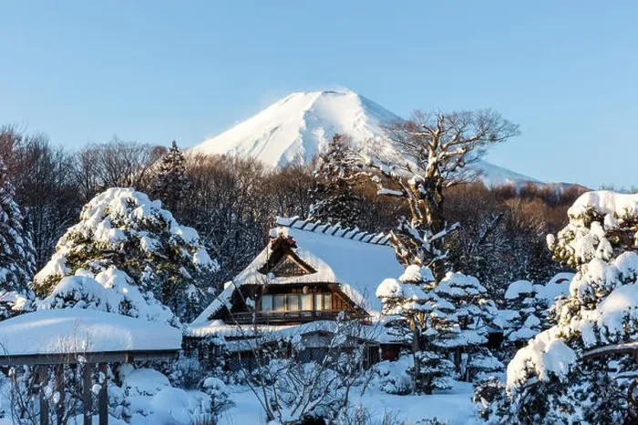 Framed Print : Buildings and Mount Fuji Covered with Snow, Yamanashi, Japan Framed Print : Buildings and Mount Fuji Covered with Snow, Yamanashi, Japan