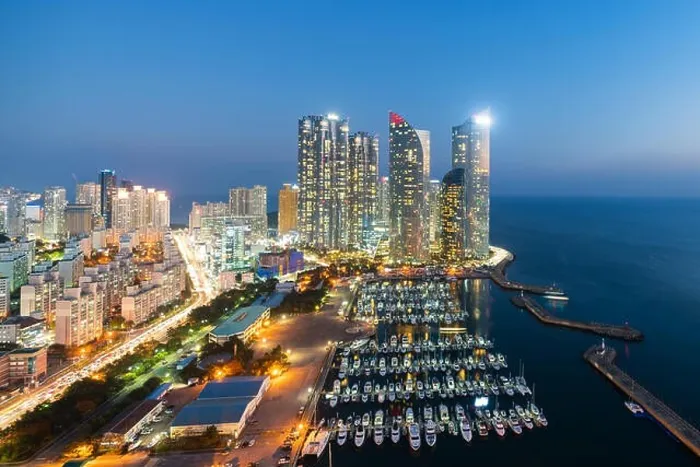 Framed Print : Busan city skyline view at Haeundae district, Gwangalli Beach with yacht pier at Busan, South Korea Framed Print : Busan city skyline view at Haeundae district, Gwangalli Beach with yacht pier at Busan, South Korea