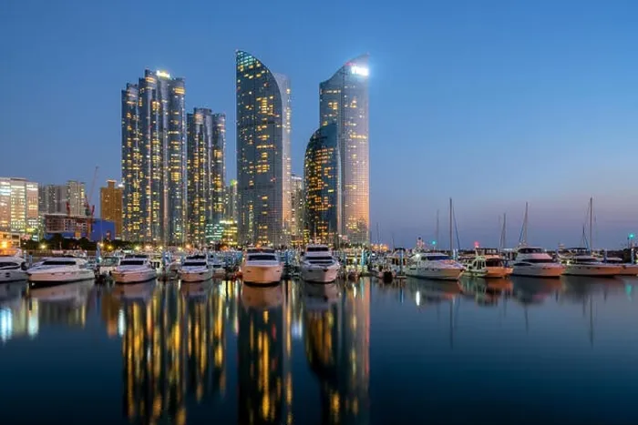 Framed Print : Busan city skyline view at Haeundae district, Gwangalli Beach with yacht pier at Busan, South Korea Framed Print : Busan city skyline view at Haeundae district, Gwangalli Beach with yacht pier at Busan, South Korea