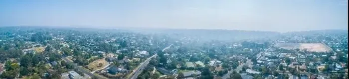 Framed Print : Bush fire smoke covers suburban areas in Melbourne - wide aerial panorama Framed Print : Bush fire smoke covers suburban areas in Melbourne - wide aerial panorama