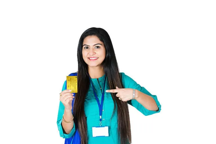 Framed Print : One Business woman Executive Holding Debit card Pointing Finger Showing