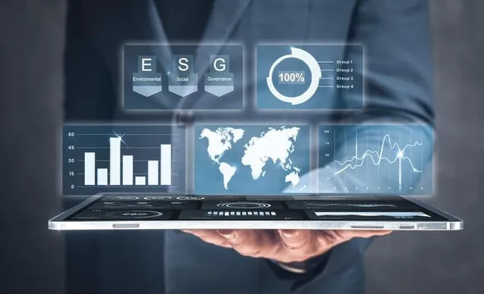Framed Print : Businessman use tablet for analyze return on investment ESG Framed Print : Businessman use tablet for analyze return on investment ESG