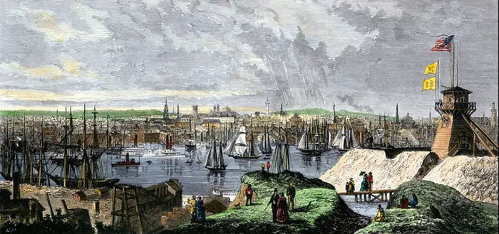 Framed Print : Busy port of Baltimore, Maryland, 1870s, viewed from Federal Hill. Hand-colored woodcut Framed Print : Busy port of Baltimore, Maryland, 1870s, viewed from Federal Hill. Hand-colored woodcut