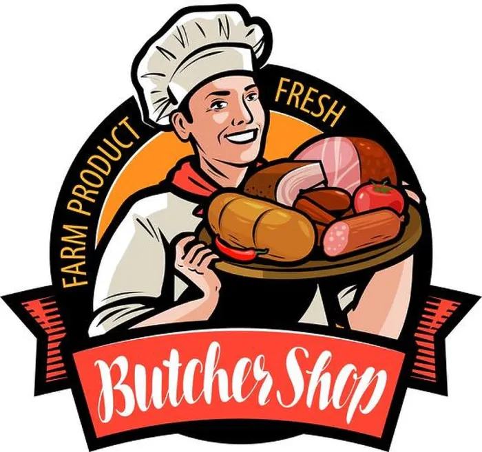 Framed Print : Butcher shop logo or label. Happy cook holding a tray with meat products. Cartoon vector illustration Framed Print : Butcher shop logo or label. Happy cook holding a tray with meat products. Cartoon vector illustration