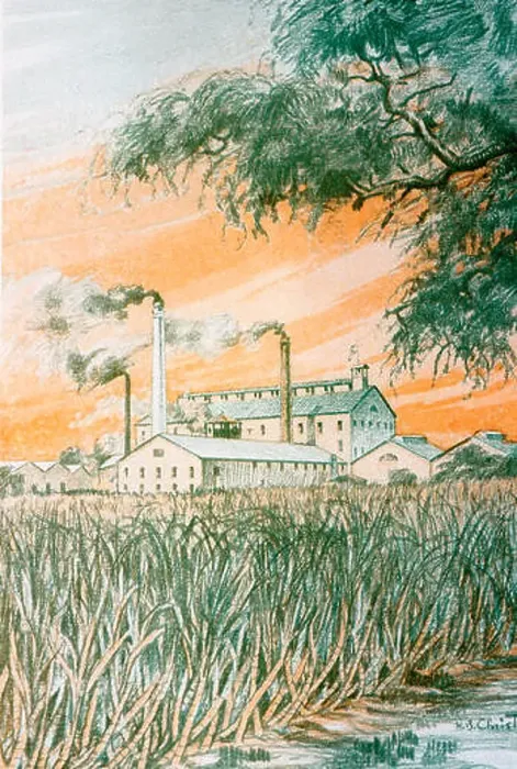 Framed Print : C.1926, H.B. Christian Art, Hawaii, Duatone Illustration Of Sugarcane Field And Refinery Framed Print : C.1926, H.B. Christian Art, Hawaii, Duatone Illustration Of Sugarcane Field And Refinery