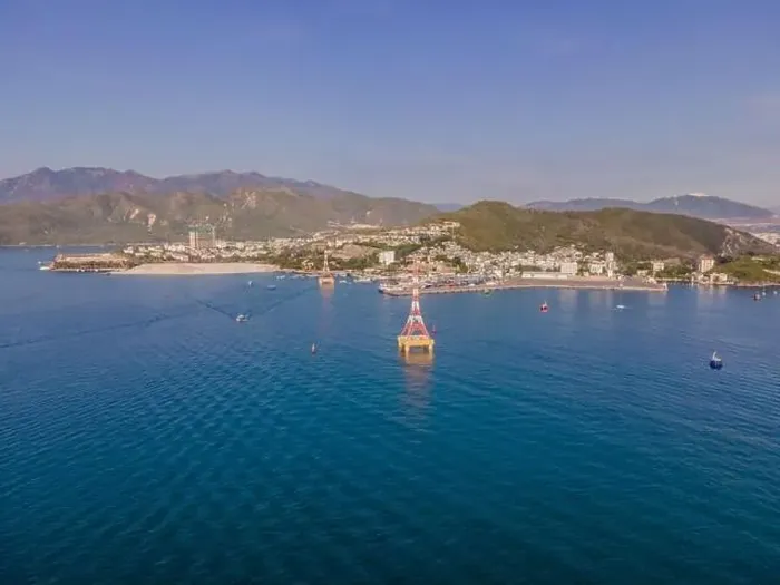 Framed Print : The cable car at Nha Trang beach. Aerial view from drone Framed Print : The cable car at Nha Trang beach. Aerial view from drone