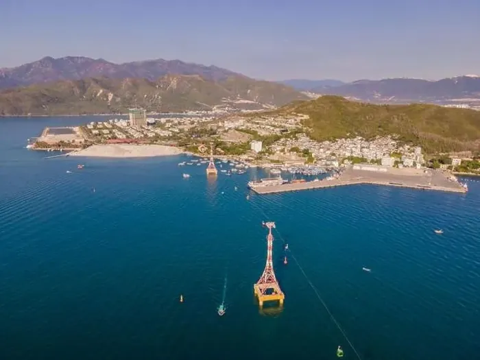 Framed Print : The cable car at Nha Trang beach. Aerial view from drone Framed Print : The cable car at Nha Trang beach. Aerial view from drone