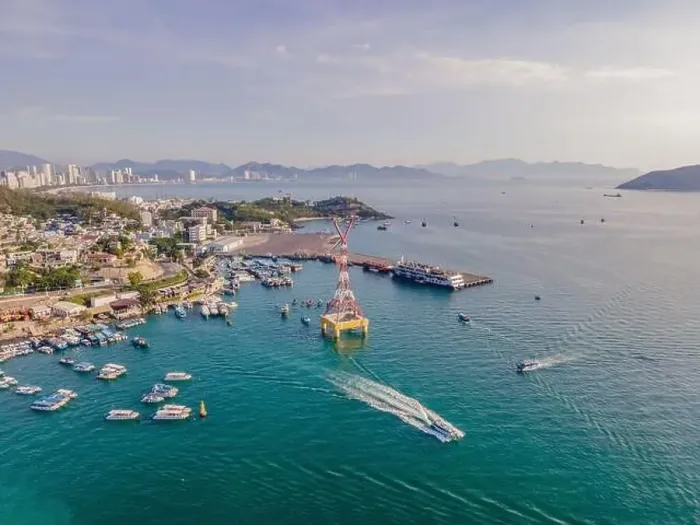 Framed Print : The cable car at Nha Trang beach. Aerial view from drone Framed Print : The cable car at Nha Trang beach. Aerial view from drone