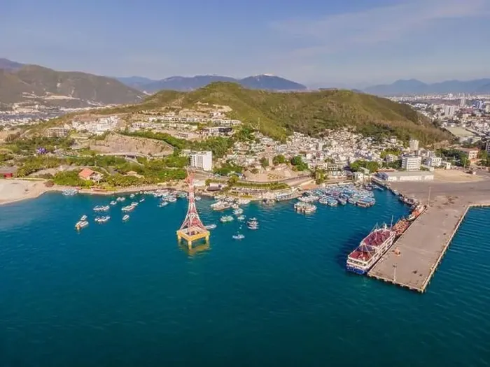 Framed Print : The cable car at Nha Trang beach. Aerial view from drone Framed Print : The cable car at Nha Trang beach. Aerial view from drone