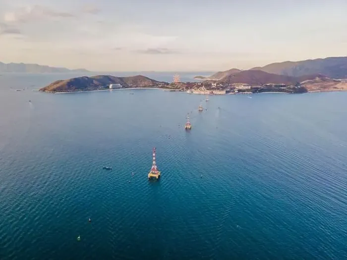 Framed Print : The cable car at Nha Trang beach. Aerial view from drone Framed Print : The cable car at Nha Trang beach. Aerial view from drone