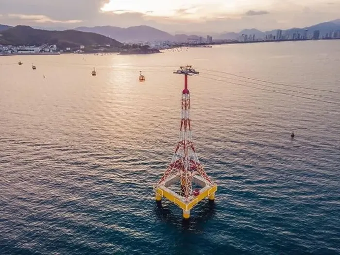 Framed Print : The cable car at Nha Trang beach. Aerial view from drone Framed Print : The cable car at Nha Trang beach. Aerial view from drone
