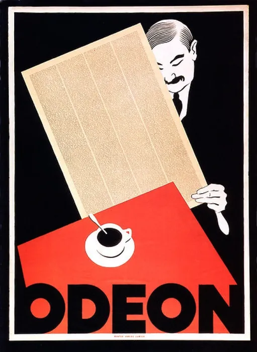 Framed Print : Cafe Odeon, Zurich, 1920, Art Deco Poster for the Swiss cafe, an habitue drinks his coffee while reading the newspaper Framed Print : Cafe Odeon, Zurich, 1920, Art Deco Poster for the Swiss cafe, an habitue drinks his coffee while reading the newspaper