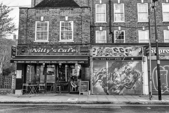 Framed Print : Cafe and shops in Bell Lane, Spitalfields East End area of Tower Hamlets, London Framed Print : Cafe and shops in Bell Lane, Spitalfields East End area of Tower Hamlets, London