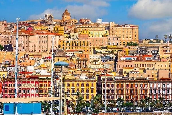 Cagliari, Sardinia, Italy coastal skyline on the Mediterranean Sea