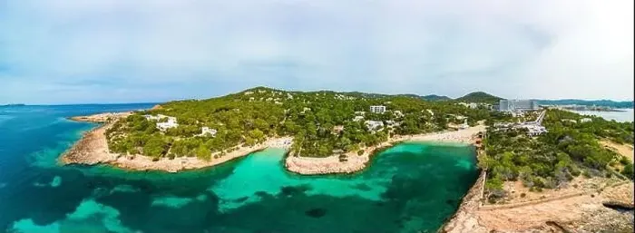 Framed Print : Cala Gracio and Calo el Moro beach on Ibiza island, Spain, aerial views
