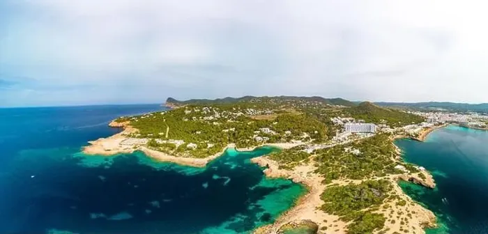 Framed Print : Cala Gracio and Calo el Moro beach on Ibiza island, Spain, aerial views