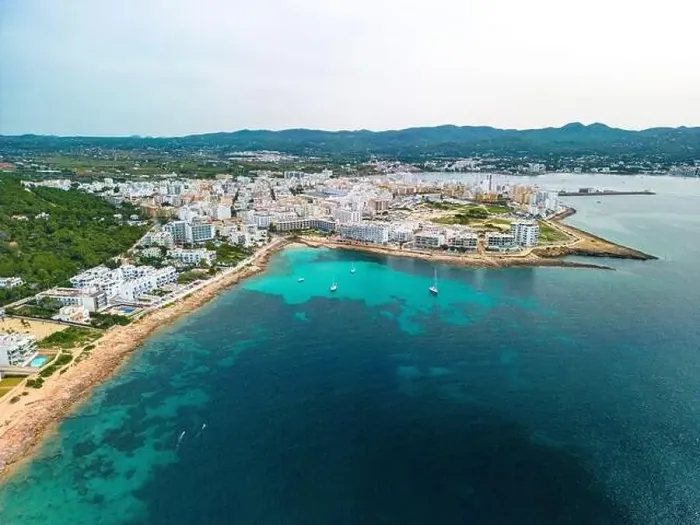 Framed Print : Cala Gracio and Calo el Moro beach on Ibiza island, Spain, aerial views