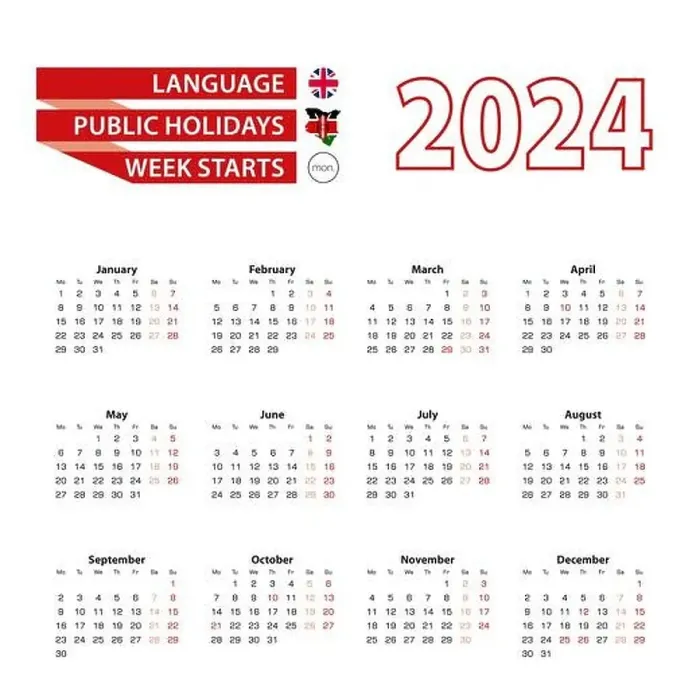 Framed Print : Calendar 2024 in English language with public holidays the country of Kenya in year 2024 Framed Print : Calendar 2024 in English language with public holidays the country of Kenya in year 2024