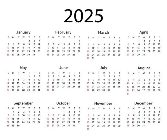 Framed Print : Calendar 2025 year. The week starts on Sunday Framed Print : Calendar 2025 year. The week starts on Sunday