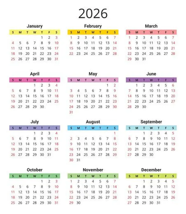 Framed Print : Calendar for 2026 year. Each month in a different color Framed Print : Calendar for 2026 year. Each month in a different color