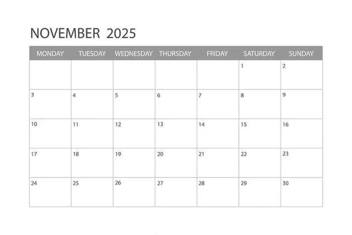 Framed Print : Calendar for November 2025. The week starts on Monday