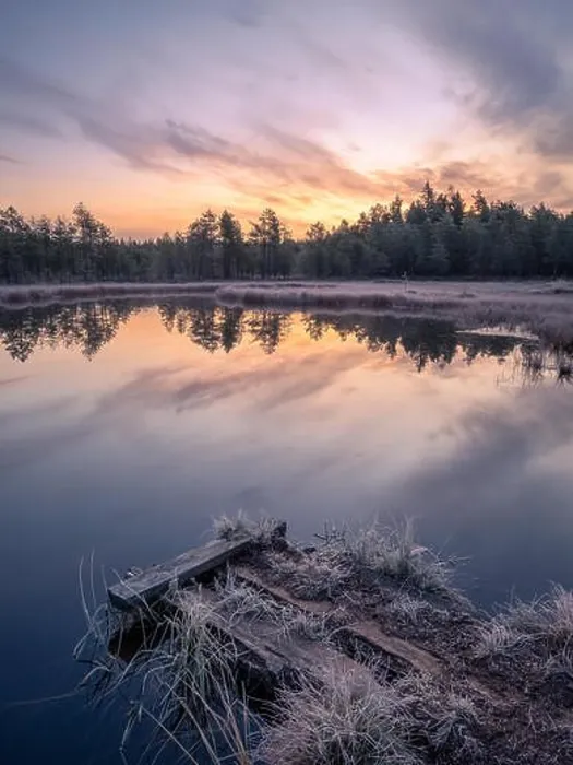 Framed Print : Calmness and cold autumn morning landscape with sunrise, frosty pier and peaceful lake in Finland Framed Print : Calmness and cold autumn morning landscape with sunrise, frosty pier and peaceful lake in Finland