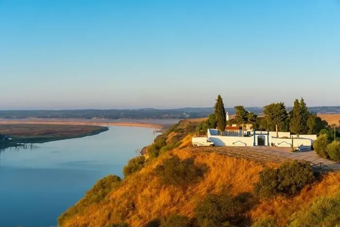 Framed Print : Camper van near Guadiana river drone aerial view in Juromenha Alentejo, Portugal Framed Print : Camper van near Guadiana river drone aerial view in Juromenha Alentejo, Portugal