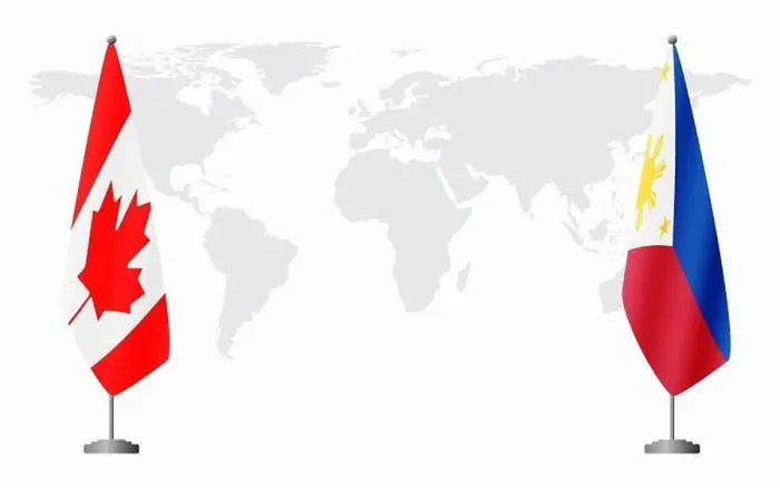 Framed Print : Canada and Philippines flags for official meeting against background of world map Framed Print : Canada and Philippines flags for official meeting against background of world map