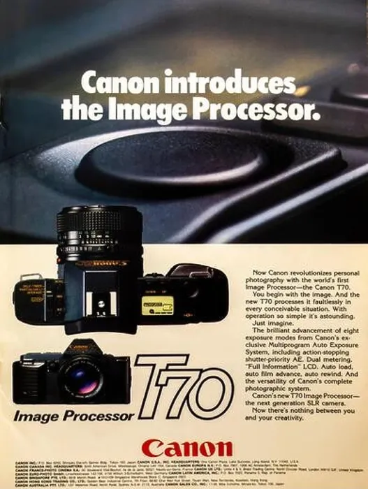 Framed Print : Canon T70 image processor, camera advertisement placed in a NatGeo magazine, August 1984 Framed Print : Canon T70 image processor, camera advertisement placed in a NatGeo magazine, August 1984