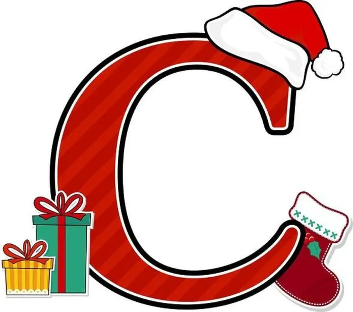 Framed Print : capital letter c with red santa's hat and christmas design elements isolated on white background Framed Print : capital letter c with red santa's hat and christmas design elements isolated on white background