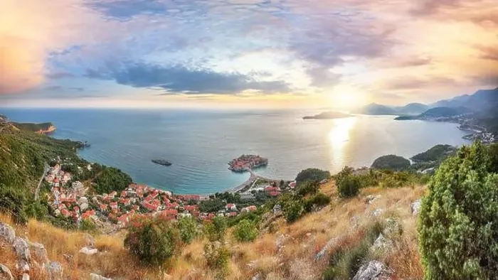 Framed Print : Captivating sunset view of Adriatic coast and islet Sveti Stefan from church st Framed Print : Captivating sunset view of Adriatic coast and islet Sveti Stefan from church st