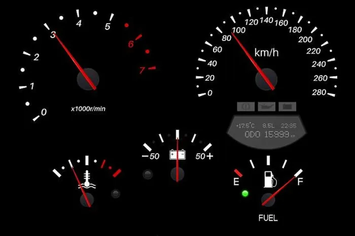 Framed Print : Car dashboard black scales. Fuel gauge, speedometer, tachometer, temperature indicator Framed Print : Car dashboard black scales. Fuel gauge, speedometer, tachometer, temperature indicator