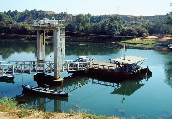 Framed Print : Car ferry over river Ebro. Flix, Tarragona province, Catalonia, Spain