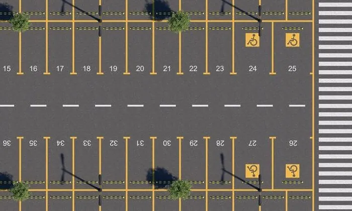 Framed Print : Car parking lot with road markings and numbering parking spaces. Parking with cars, people, pedestrians and pedestrian crossing. Top view. 3D render Framed Print : Car parking lot with road markings and numbering parking spaces. Parking with cars, people, pedestrians and pedestrian crossing. Top view. 3D render