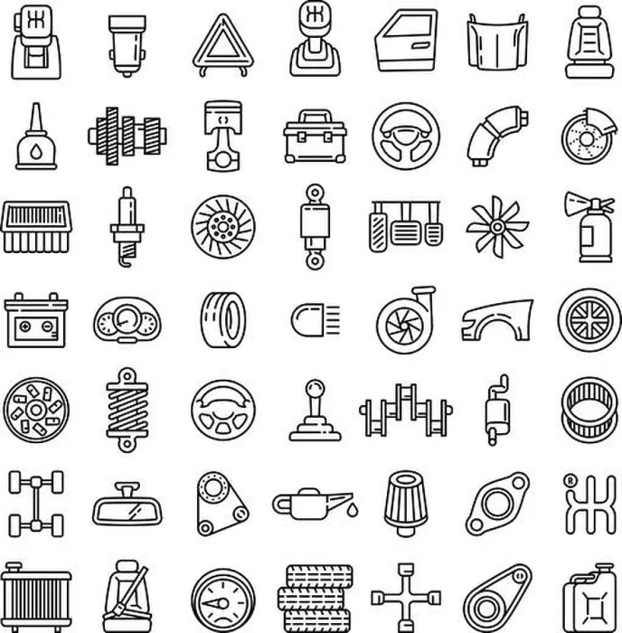 Framed Print : Car parts icons set. Outline set of car parts vector icons for web design isolated on white background