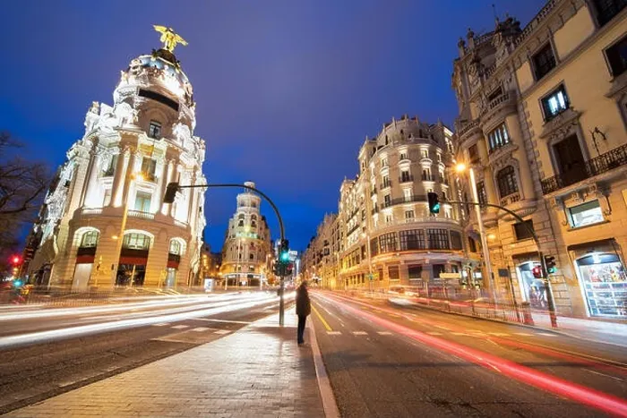 Framed Print : Car and traffic lights on Gran via street, main shopping street in Madrid at night. Spain, Europe. Lanmark in Madrid, Spain Framed Print : Car and traffic lights on Gran via street, main shopping street in Madrid at night. Spain, Europe. Lanmark in Madrid, Spain