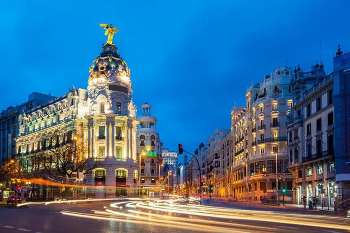 Framed Print : Car and traffic lights on Gran via street, main shopping street in Madrid at night. Spain, Europe. Lanmark in Madrid, Spain Framed Print : Car and traffic lights on Gran via street, main shopping street in Madrid at night. Spain, Europe. Lanmark in Madrid, Spain