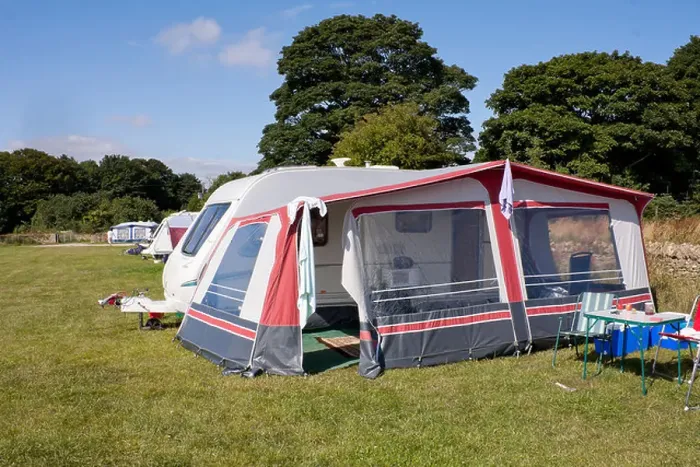 Framed Print : Caravan and awning set up for holiday / vacation on Caravan site in countryside of Yorkshire, England Framed Print : Caravan and awning set up for holiday / vacation on Caravan site in countryside of Yorkshire, England