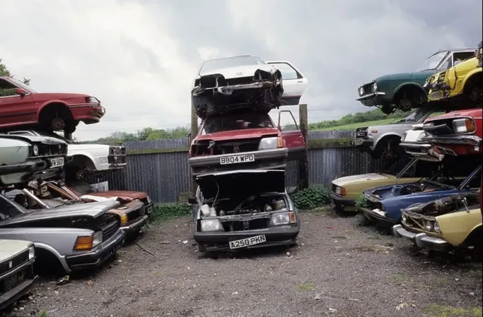 Framed Print : Cars piled on each other in scrap yard Kent Framed Print : Cars piled on each other in scrap yard Kent