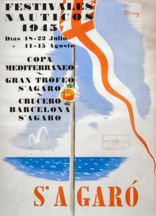Framed Print : Cartel publicitario de Enric Moneny i Noguera, S'Agaró, Copa Mediterráneo, 11-15 agosto, 1945. Colección privada