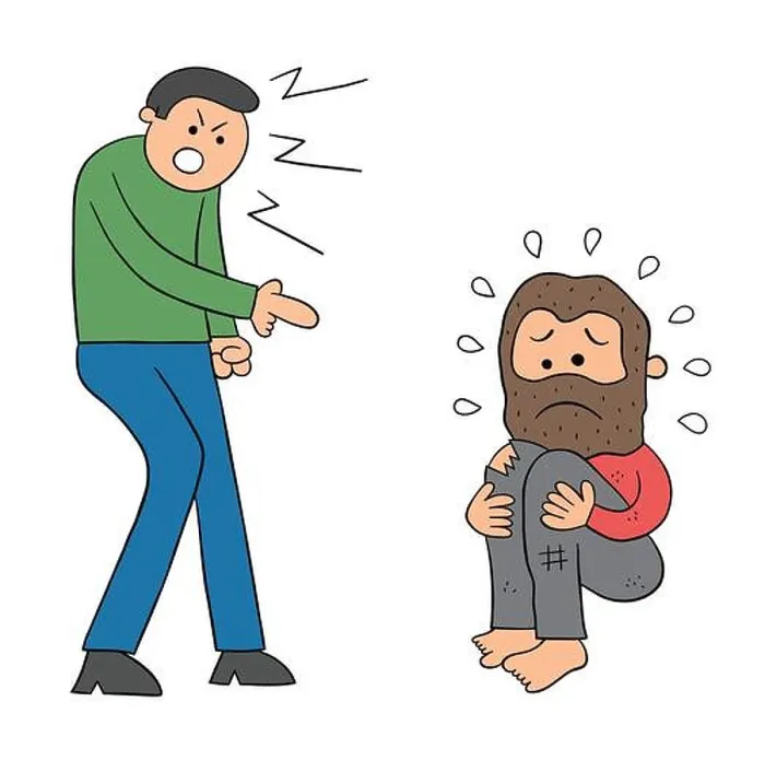 Framed Print : Cartoon bad man insults homeless man vector illustration. Black outlined and colored