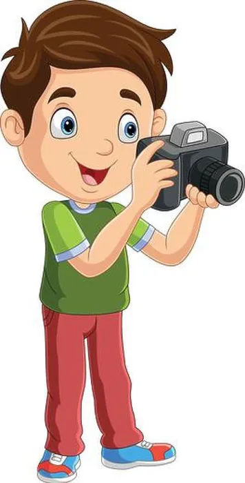 Framed Print : Cartoon boy taking photo using a digital camera Framed Print : Cartoon boy taking photo using a digital camera