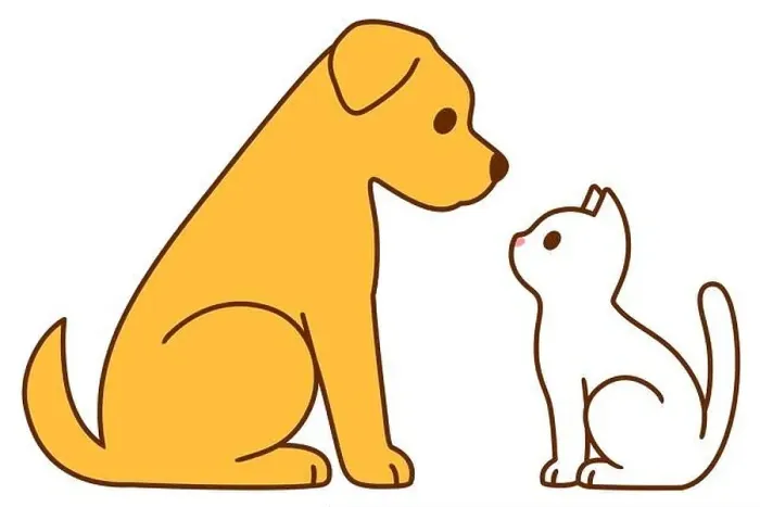 Framed Print : Cartoon cat and dog sitting facing each other Framed Print : Cartoon cat and dog sitting facing each other
