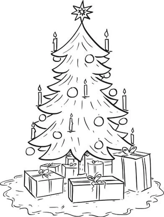 Framed Print : Cartoon drawing illustration of Christmas spruce or fir tree with gifts or presents around Framed Print : Cartoon drawing illustration of Christmas spruce or fir tree with gifts or presents around